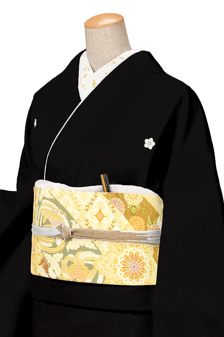 黒留袖レンタル 黒留袖Sサイズ 刺繍：藤と桜に屏風絵巻 五つ紋：桔梗 