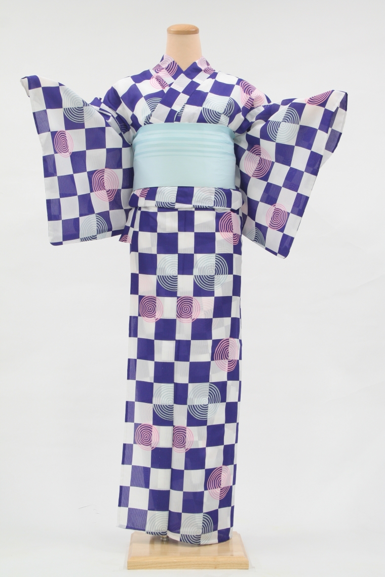 浴衣レンタル Mサイズ 白紫/市松模様に渦｜着物レンタル 安心フル