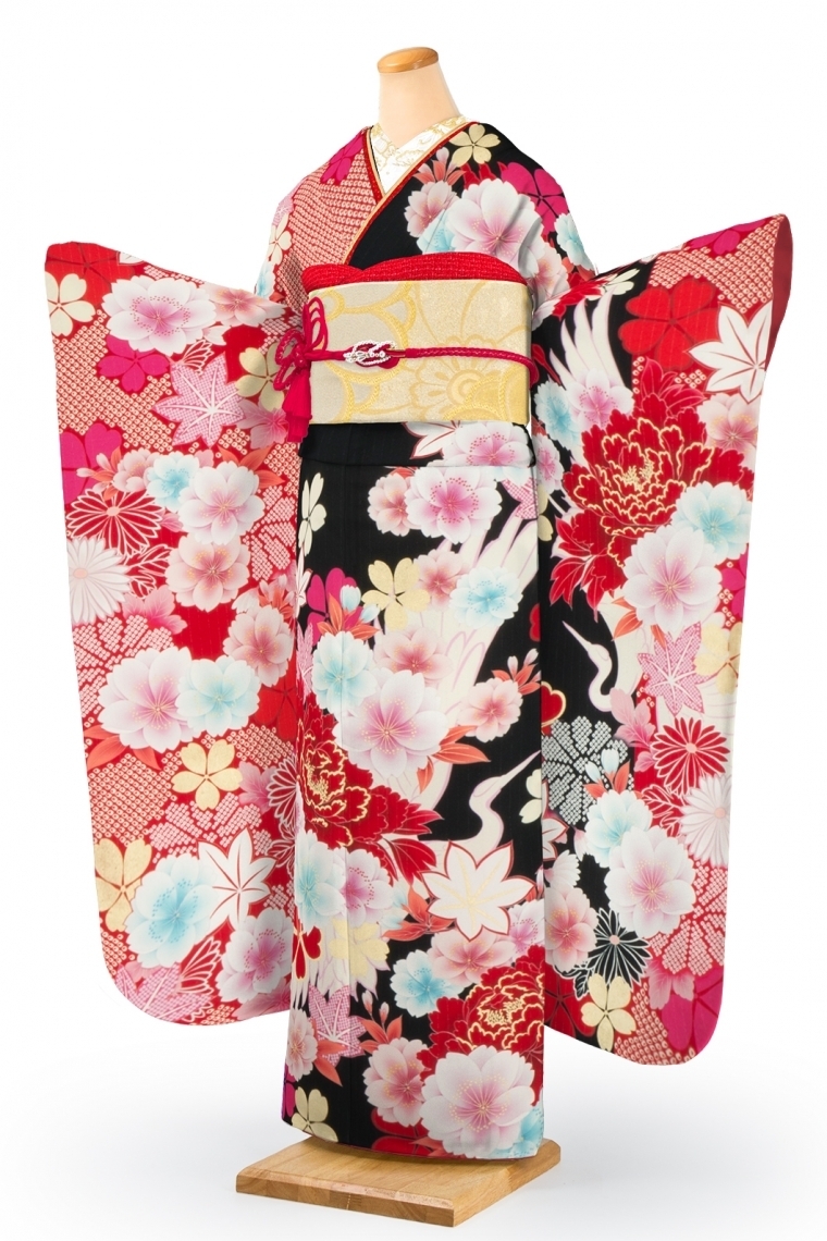 振袖レンタル 振袖Mサイズ ブランド：JAPANSTYLE 桜楓に鶴の舞 赤/黒