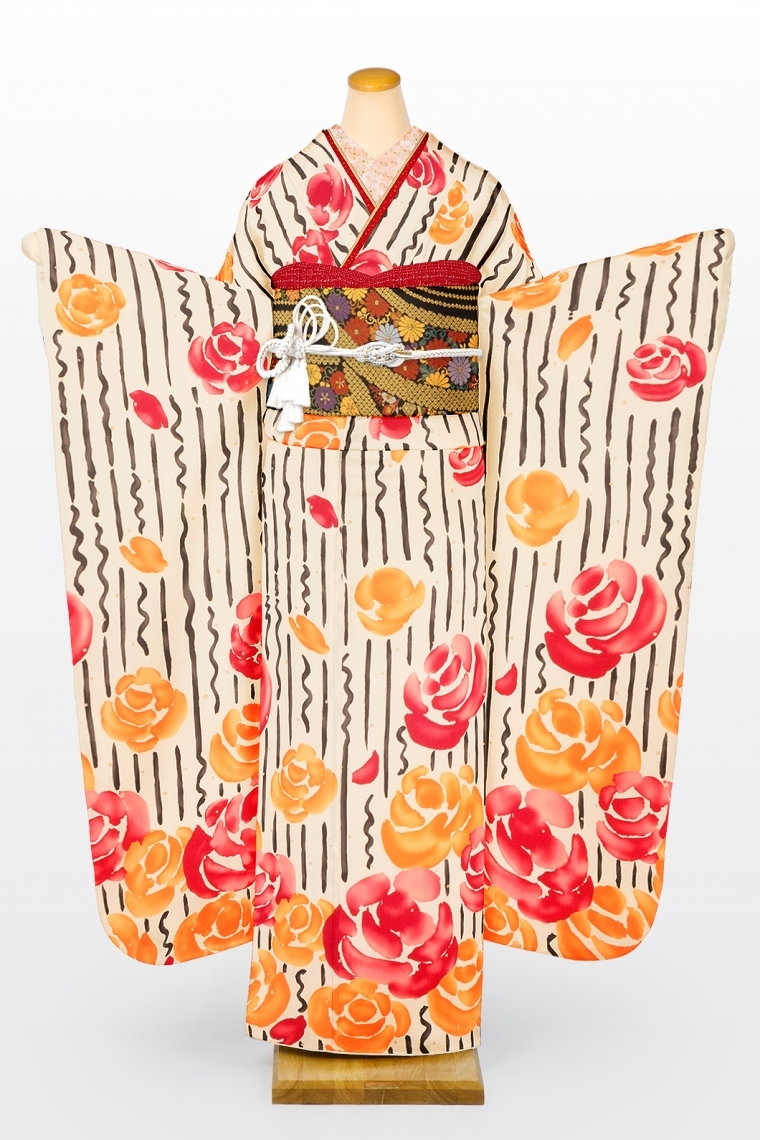 振袖レンタル 振袖Mサイズ ブランド:tsumori chisato よろけ縞薔薇