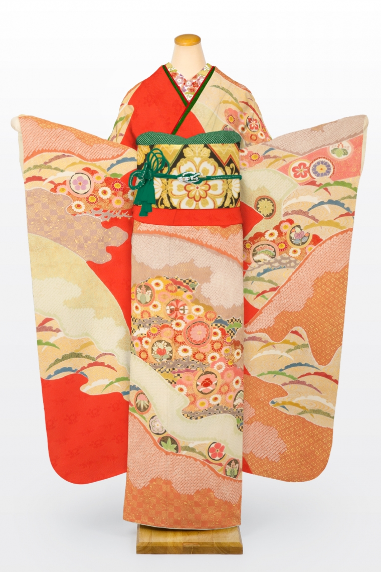 松井青々作 絞りに桜と雪輪柄の振袖 着物 - 振袖