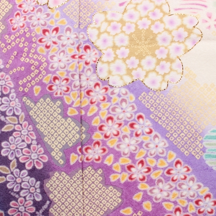 振袖レンタル 振袖Mサイズ 小花桜 白/紫｜着物レンタル 安心フル