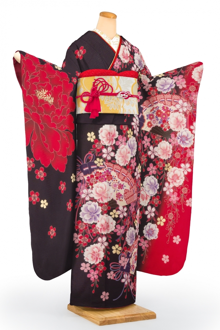 振袖レンタル 振袖Mサイズ ブランド:JAPANSTYLE 扇面華乱舞 黒/赤 振袖レンタル 振袖Mサイズ ブランド:JAPANSTYLE 扇面華乱舞 黒/赤
