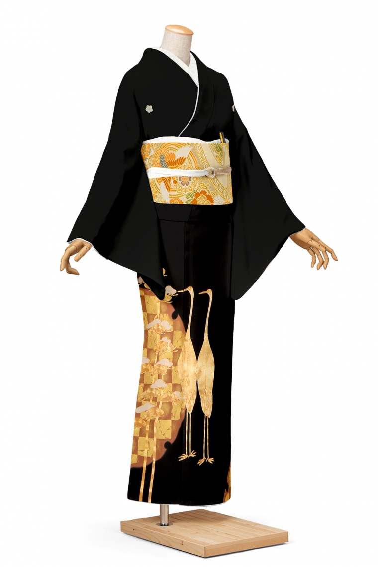 黒留袖レンタル 黒留袖Lサイズ 刺繍：鶴に松 五つ紋：桔梗｜着物