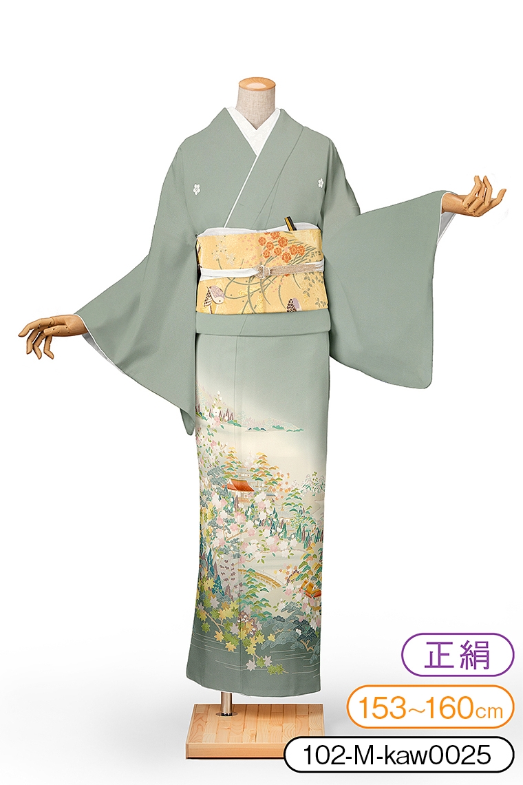 色留袖レンタル 色留袖Mサイズ 加賀友禅風:山淋に四季花 渋緑 五つ紋