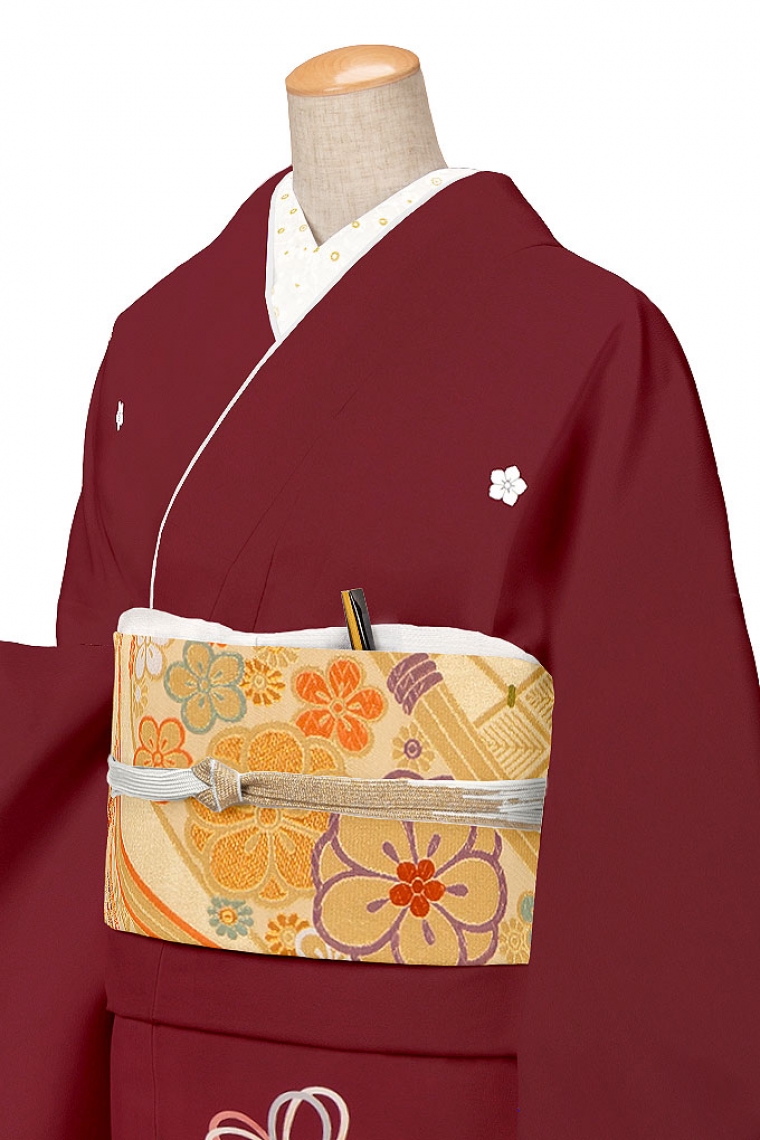色留袖レンタル 色留袖MOサイズ 京友禅：華薬玉に組紐 エンジ 五つ紋 